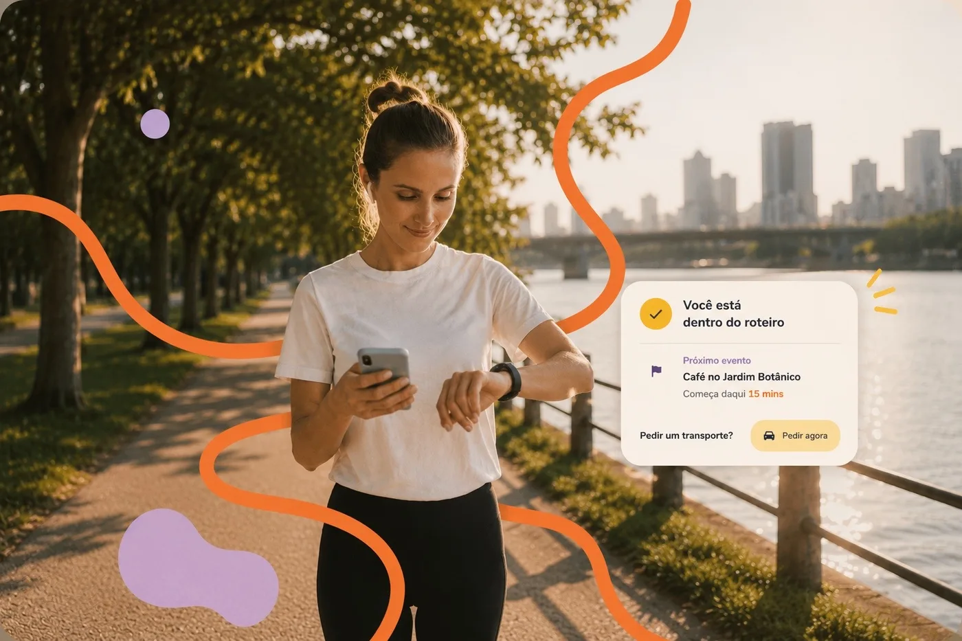Woman walking by the river checking the Viela app, which says: you're on track with your itinerary
