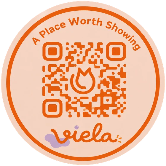 Viela badge with a QR code to download the app — A Place Worth Showing